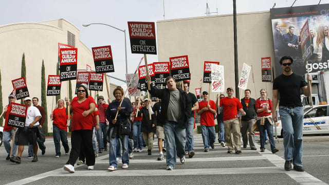 WGA union members march at a picket line