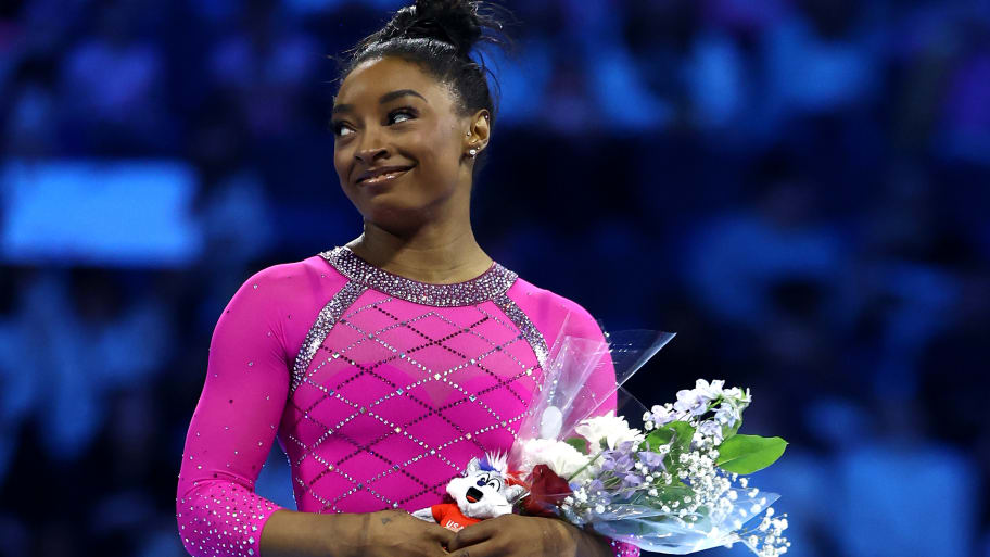 First place Simone Biles smiles after the 2024 Core Hydration Classic at XL Center on May 18, 2024 in Hartford, Connecticut.