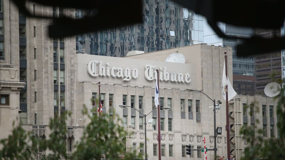 The Tribune Tower, home of the Chicago Tribune, sits along Michigan Avenue at the Chicago River on October 8, 2015 in Chicago, Illinois. 