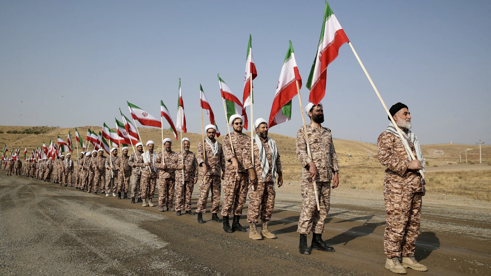 Members of the Islamic Revolutionary Guard Corps (IRGC) stand in a row carrying flags at a military drill