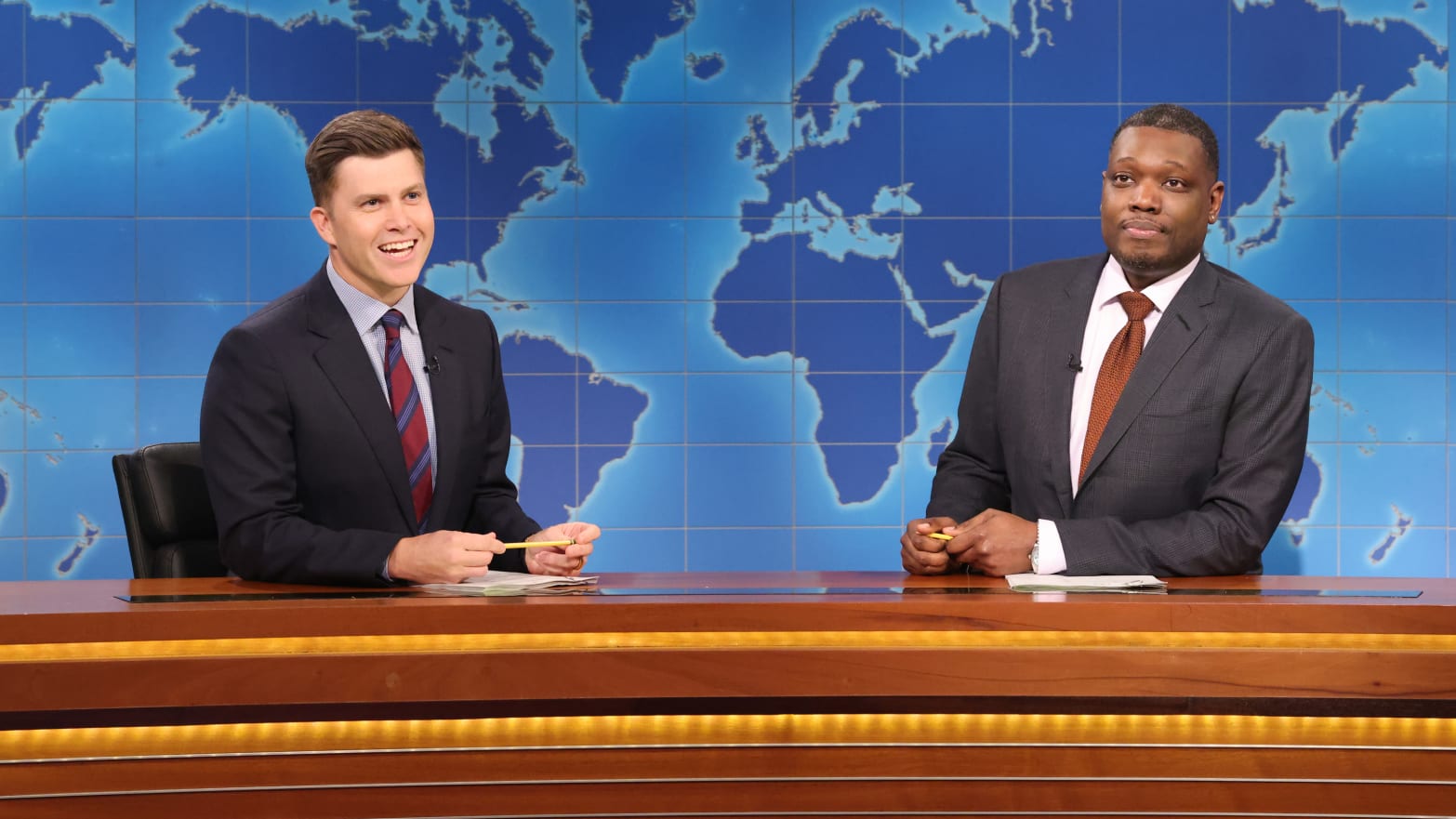 Colin Jost and Michael Che during the “Saturday Night Live” Weekend Update segment on May 18, 2024.