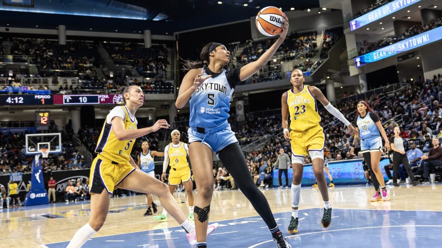 Angel Reese #5 of the Chicago Sky brings down an offensive rebound against the Los Angeles Sparks in the first quarter at Wintrust Arena on September 6, 2024 in Chicago, Illinois.