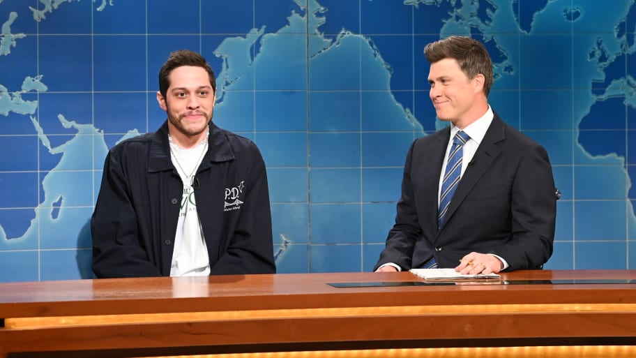 Pete Davidson and anchor Colin Jost during Weekend Update on SNL