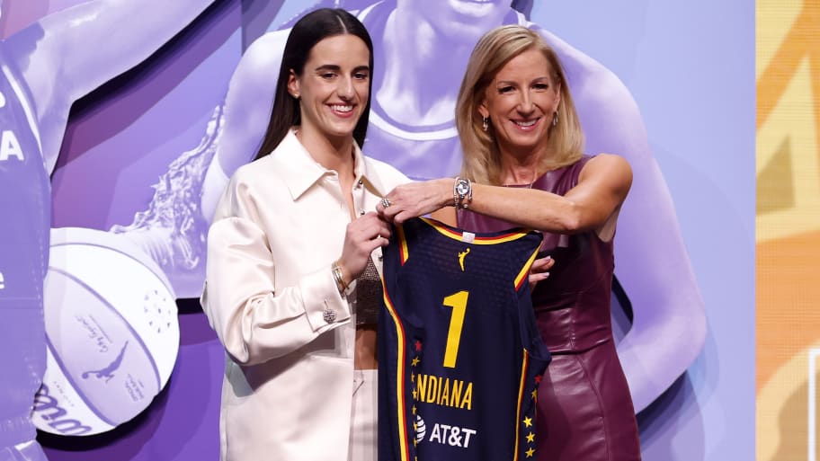 Caitlin Clark poses with WNBA Commissioner Cathy Engelbert after being selected first overall pick by the Indiana Fever during the 2024 WNBA Draft at Brooklyn Academy of Music on April 15, 2024 in New York City. 