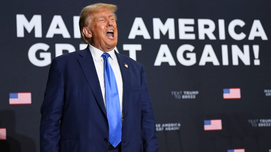 Republican presidential candidate and former U.S. President Donald Trump yells out to the crowd after he speaks at a campaign rally in Derry, New Hampshire