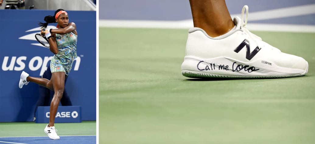 Photograph of Coco Gauff playing during the US Open tennis tournament with a closeup of her shoe.