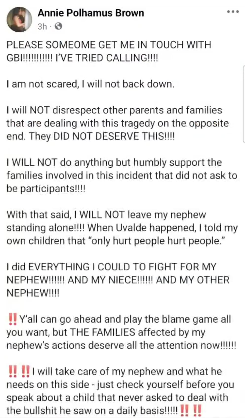 A post by Annie Polhamus Brown saying she will support her nephew accused of a Georgia school shooting.