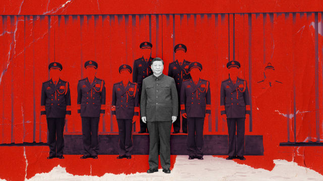 A photo illustration of Chinese President Xi and military general on a red background.