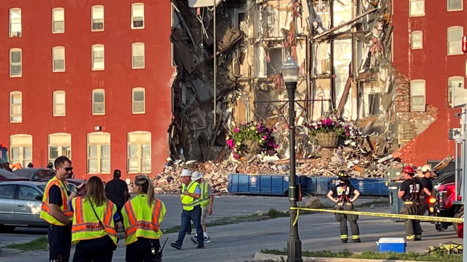 A view of a collapsed apartment building in Davenport, Iowa, U.S.,May 28, 2023 this picture obtained from social media.