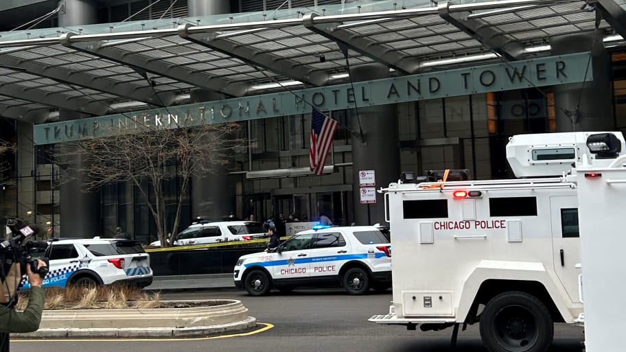 A view shows Chicago Police vehicles outside the Trump International Hotel and Tower in Chicago, Illinois.