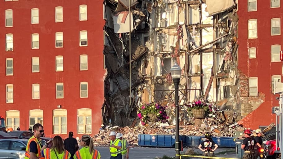 A view of a collapsed apartment building in Davenport, Iowa, U.S., May 28, 2023 this picture obtained from social media.