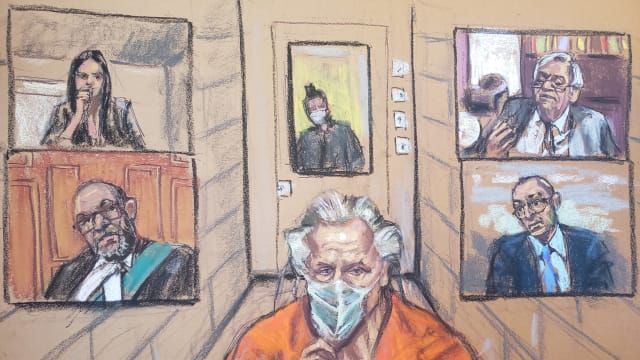 Court drawing of Peter Nygard appearing via video in his hearing.