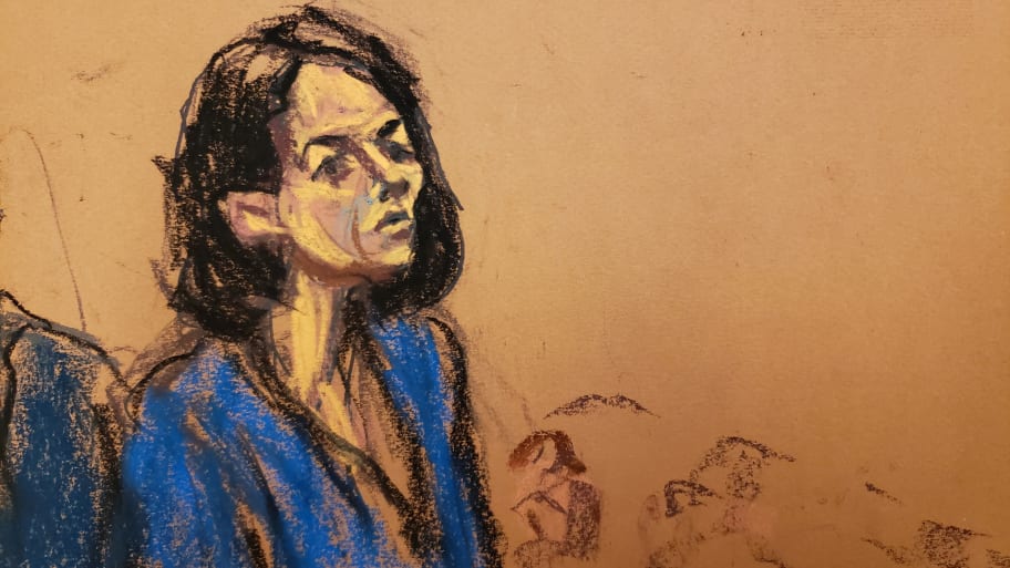 Jeffrey Epstein associate Ghislaine Maxwell stands at the podium to address Judge Alison Nathan during her sentencing in a courtroom sketch in New York City.