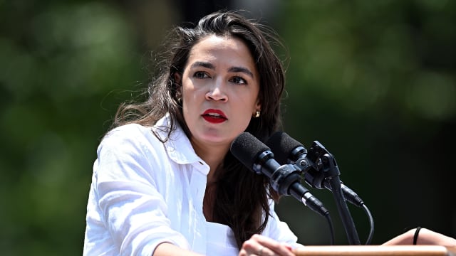 Alexandria Ocasio-Cortez speaks at a rally endorsing Jamaal Bowman at St. Mary's Park in the Bronx on June 22, 2024 in New York City. 