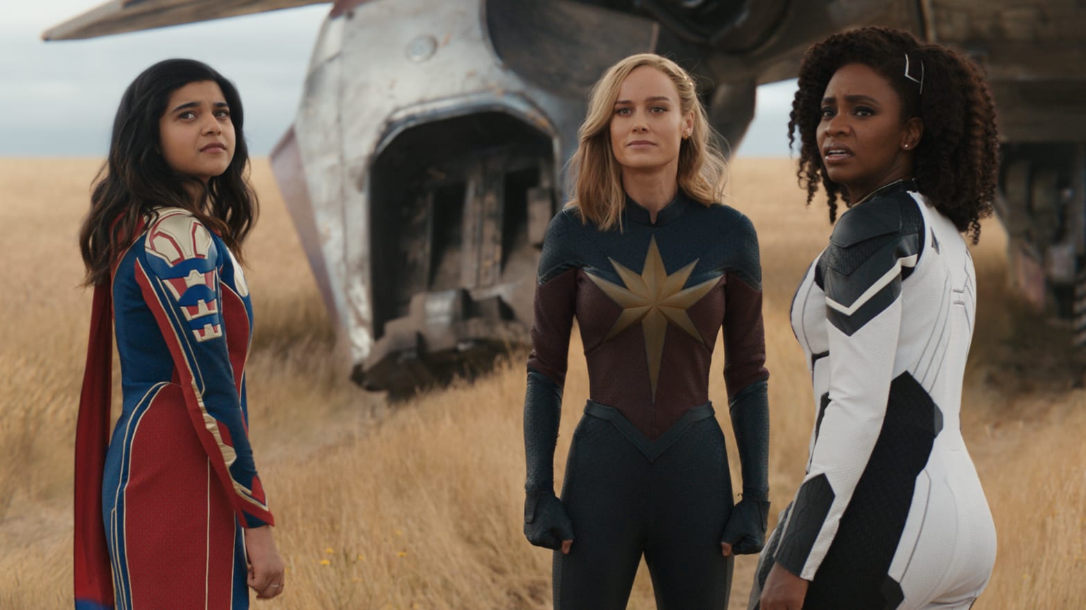 Photo still of man Vellani as Ms. Marvel/Kamala Khan, Brie Larson as Captain Marvel/Carol Danvers, and Teyonah Parris as Captain Monica Rambeau in 'The Marvels'