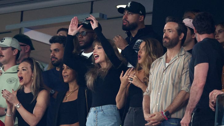 Taylor Swift cheers for the Kansas City Chiefs in a suite surrounded by Black Lively, Ryan Reynolds, and other friends.