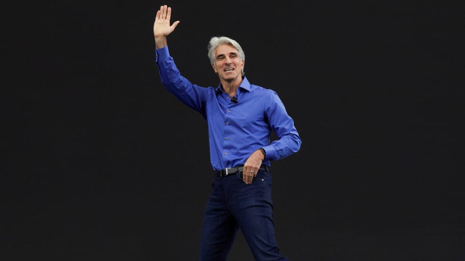 Craig Federighi gestures at Apple’s annual Worldwide Developers Conference at the company’s headquarters in Cupertino, California, June 5, 2023. 