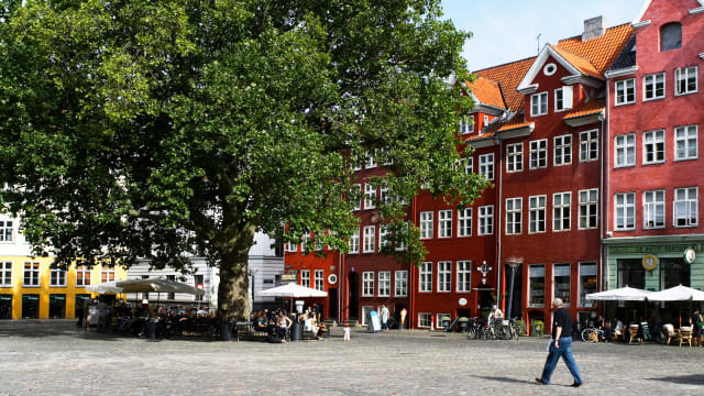 A photograph of a Copenhagen street with restaurants.
