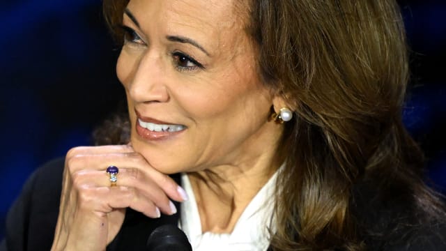 US Vice President and Democratic presidential candidate Kamala Harris reacts during the presidential debate with former US President and Republican presidential candidate Donald Trump on September 10, 2024.