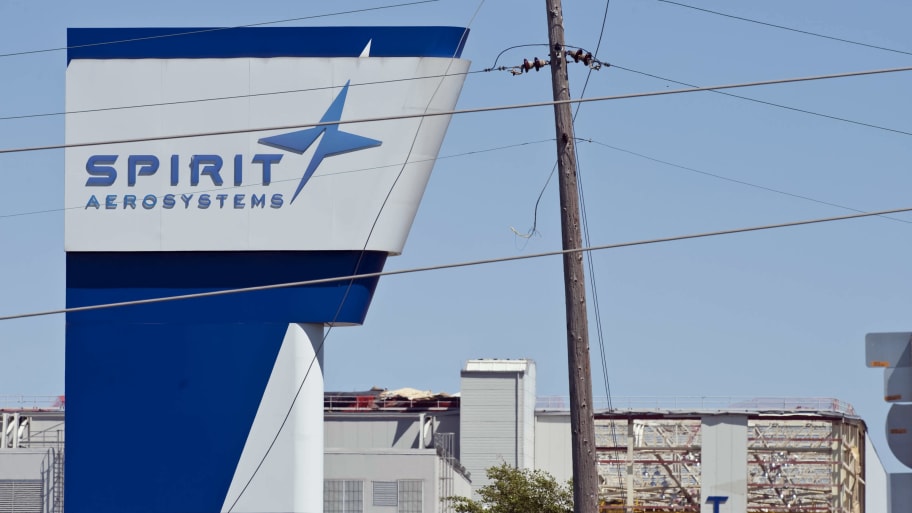 The damaged Spirit AeroSystems sign is seen damaged after an EF3 tornado touched ground on April 15, 2012 in Wichita, Kansas