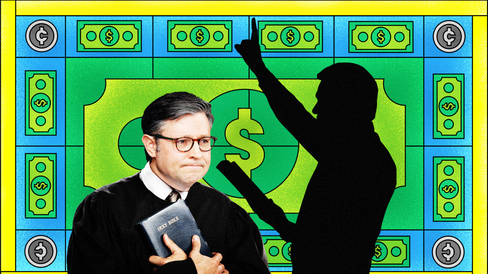 A photo illustration of House Speaker Mike Johnson holding a Bible, a silhouette of a preacher, and a stained glass money background.