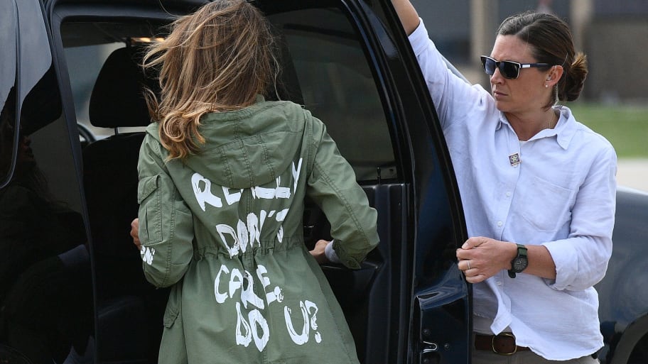 Melania Trump departs Andrews Air Force Base on June 21, 2018, wearing the infamous jacket.