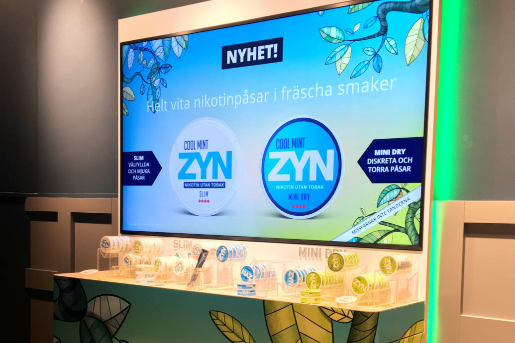 Cans of tobacco group Swedish Match's ZYN-branded tobacco-free nicotine pouches are seen on display at the company's concept store in Stockholm, Sweden