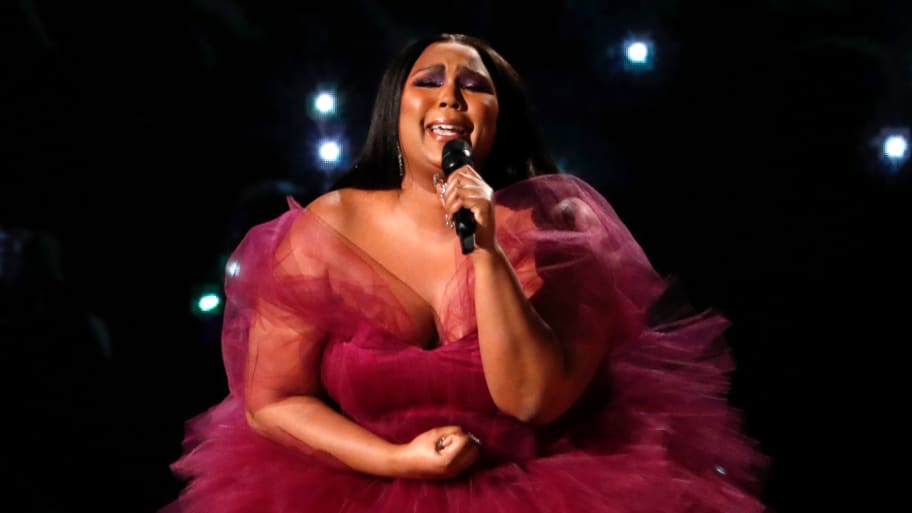 A picture of Lizzo, who is reportedly no longer in the mix to perform at the 2024 Super Bowl LVIII Halftime Show in light of the bombshell lawsuit accusing her of creating a hostile work environment.