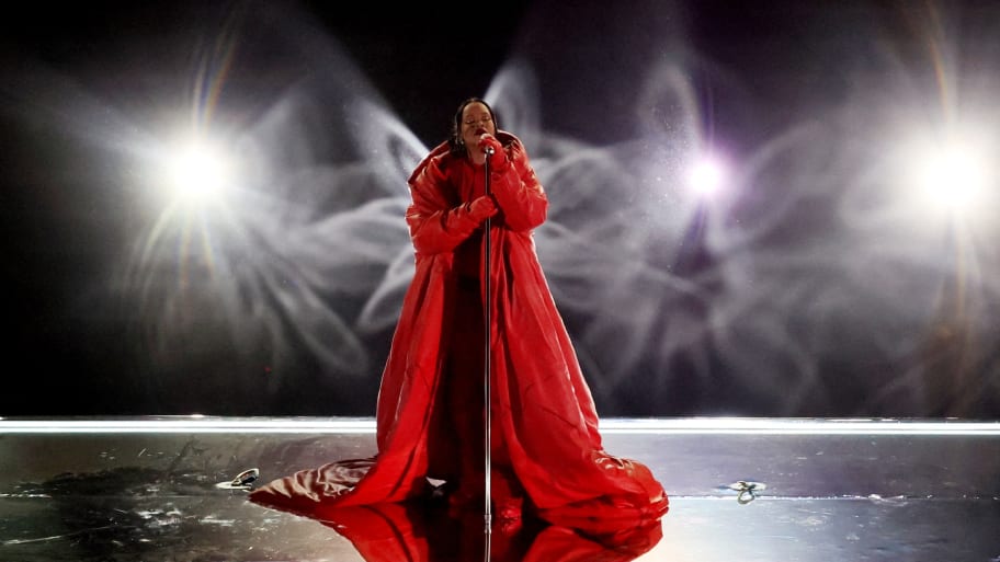 Rihanna performs the Super Bowl LVII half time show