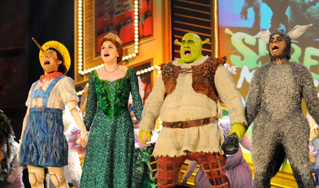 Sutton Foster (second left) and Brian d'Arcy James (second right) perform a song from "Shrek the Musical" on stage during the 63rd Annual Tony Awards at Radio City Music Hall on June 7, 2009 in New York City.