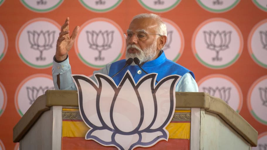 Prime Minister Narendra Modi gestures as he addresses an election campaign rally on April 14, 2024, in Mysuru, India.