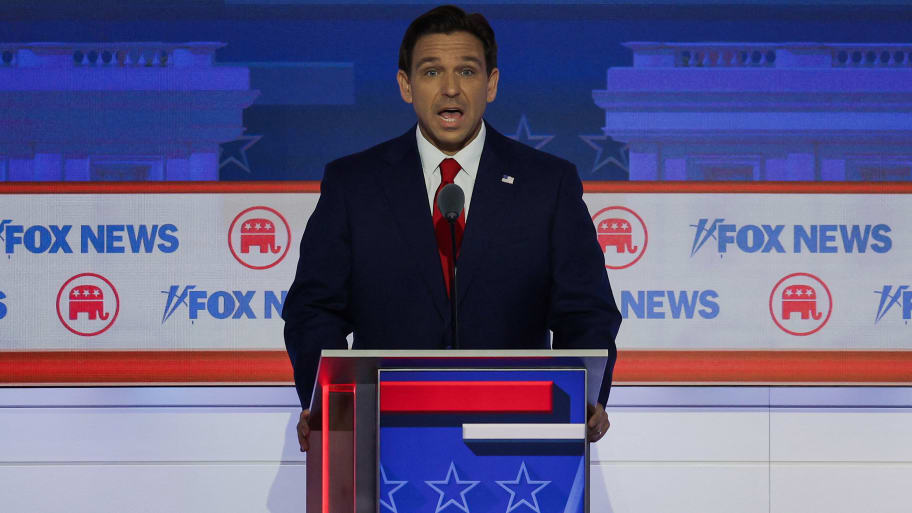 Florida Governor Ron DeSantis speaks at the first Republican candidates’ debate of the 2024 U.S. presidential campaign in Milwaukee, Wisconsin, Aug. 23, 2023. 