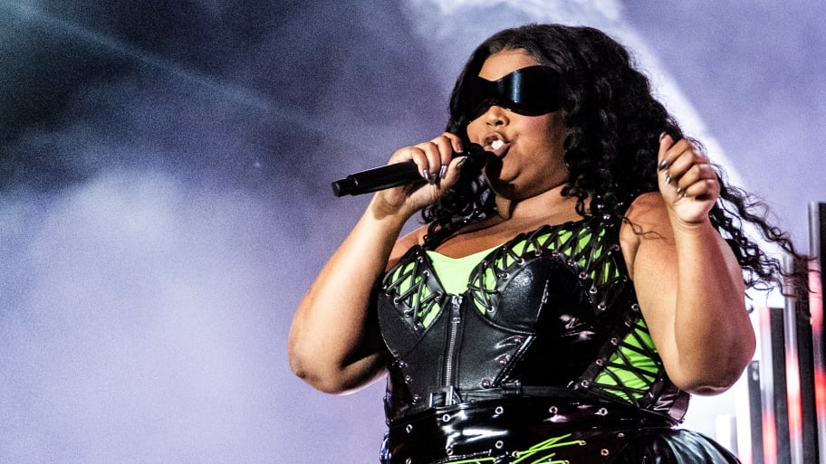Lizzo plays at Orange Stage at the Roskilde festival, in Roskilde, Denmark, on July 1, 2023. 