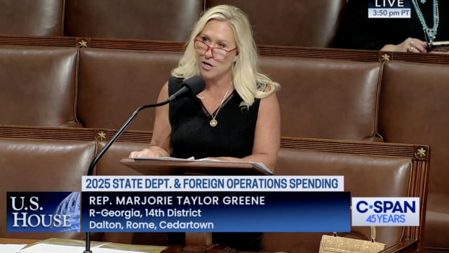 Marjorie Taylor Greene says “a person who abuses her position in government to meddle in democratic elections should be nowhere near public office.”