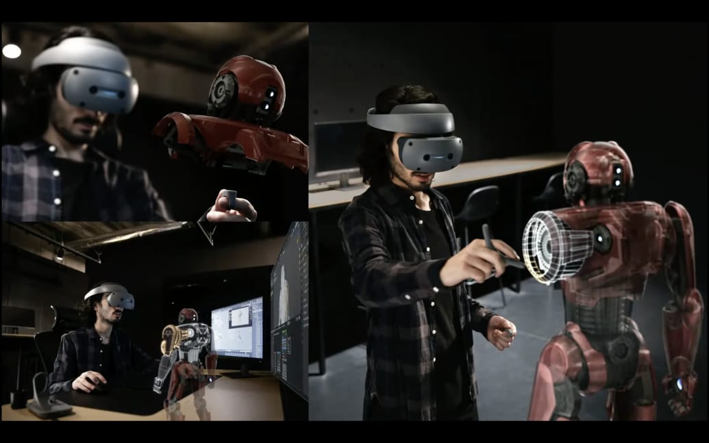 Sony's headset being used by a designer to create a 3D robot