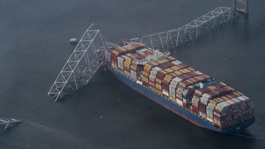 The scene where a container ship crashed into the Francis Scott Key Bridge in Baltimore on March 26, 2024.