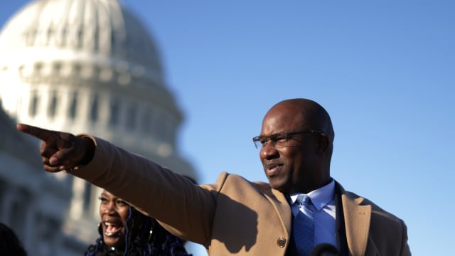U.S. Rep. Jamaal Bowman (D-NY) gestures prior to a news conference in front of the U.S. Capitol December 14, 2021 in Washington, DC.