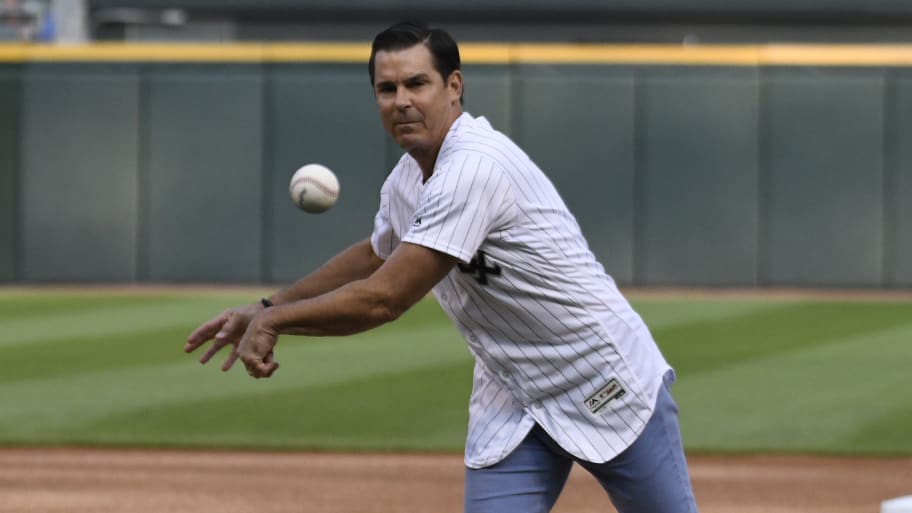 Billy Bean throws out a ceremonial first pitch before the game between the Chicago White Sox and the Miami Marlins at Guaranteed Rate Field on July 23, 2019 in Chicago, Illinois. 