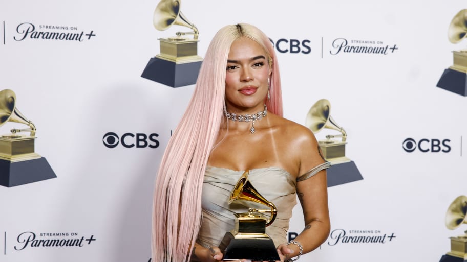 Winner Karol G with trophy at the 66th Grammy Award in Los Angeles, CA, Sunday, Feb. 4, 2024.