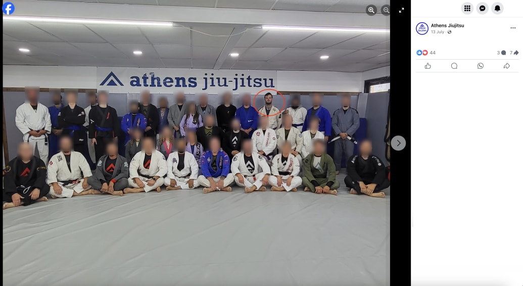 Athens Jiu-Jitsu’s cover image on its Facebook page, updated July 13, 2024, shows Ian Elliott alongside other members of the school.