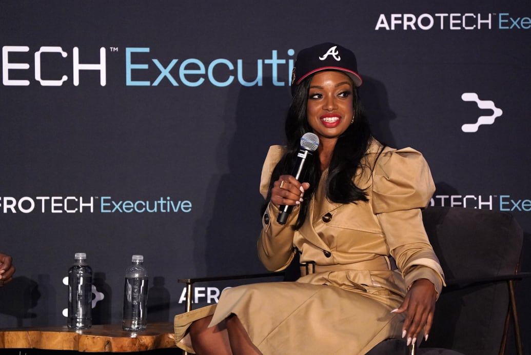 A photograph of Arian Simone Co-Founder for Fearless Fund speaks onstage during AfroTech Executive Brooklyn at William Vale Hotel Williamsburg in 2023.