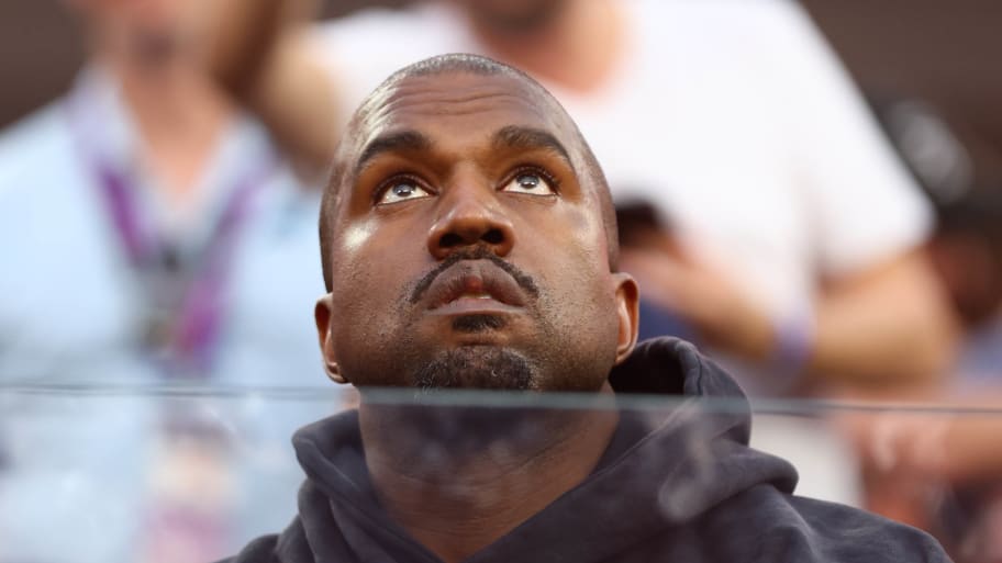 Kanye West in attendance during the second quarter in Super Bowl LVI between the Los Angeles Rams and the Cincinnati Bengals at SoFi Stadium in 2022. 