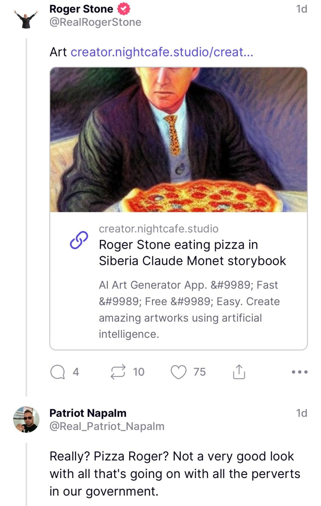 Roger Stones Fans Turn on Him Over Posting Portrait of Him and Pizza