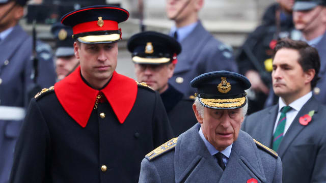 Britain's King Charles and Prince William attend the annual Remembrance Sunday ceremony at the Cenotaph, in Whitehall, London Britain November 12, 2023.