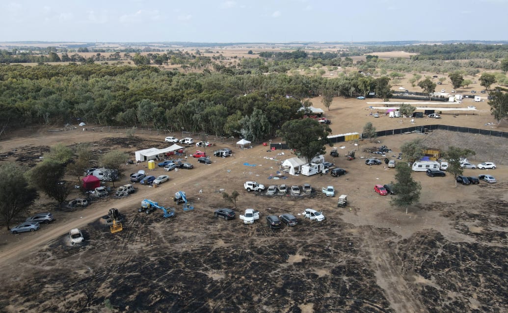 An aerial picture shows the site of the weekend attack on the Supernova desert music Festival 