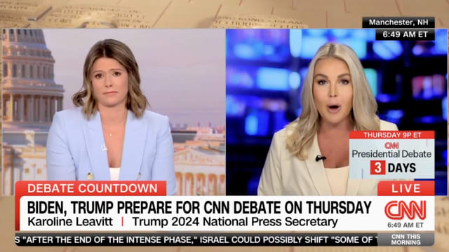 CNN This Morning anchor Kasie Hunt kicks Trump campaign spokeswoman Karoline Leavitt off the air for trashing Jake Tapper and Dana Bash, the moderators of the network’s upcoming presidential debate.