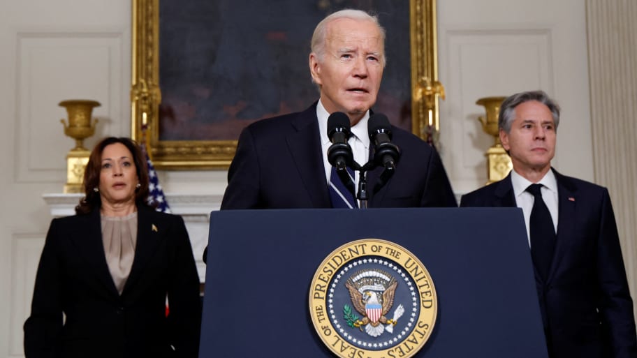 Joe Biden, accompanied by Vice President Kamala Harris and U.S. Secretary of State Antony Blinken, makes remarks about the situation in Israel following Hamas' deadly attacks, Oct. 10, 2023. 