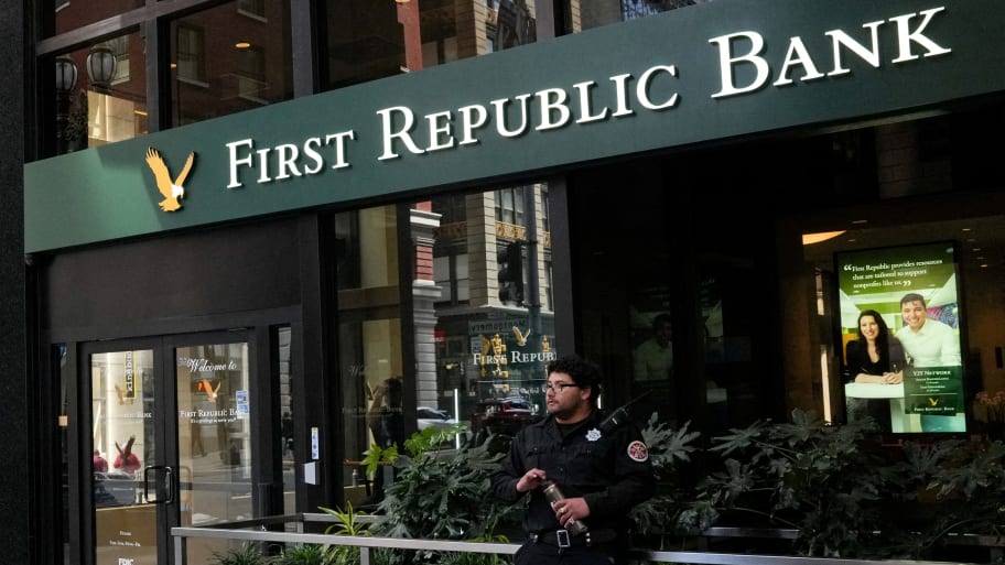A security guard stands outside a First Republic Bank branch in San Francisco, California, April 28, 2023. 
