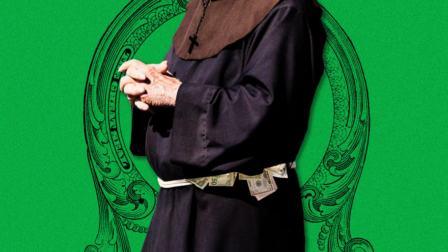 A Franciscan priest with money tucked into his robe