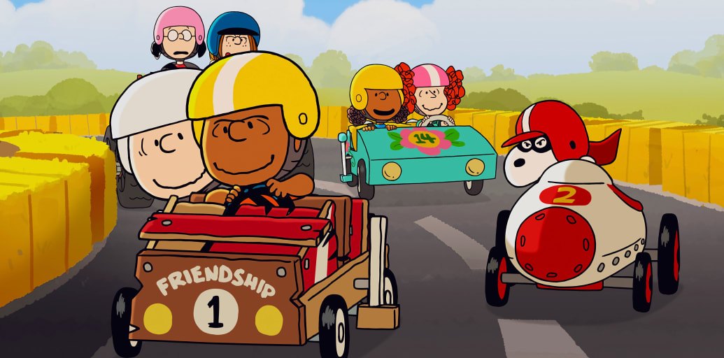 The Peanuts Gang in "Snoopy Presents: Welcome Home, Franklin," during the soapbox derby race.